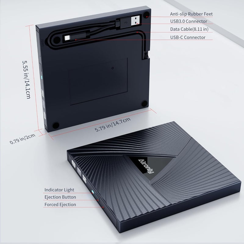 Alronly External CD/DVD Drive for Laptop/PC, USB 3.0 Type-C Portable Player for Computer CD DVD +/-RW Disk Drive CD Burner Writer Reader Compatible with Desktop Windows Apple (Functional Interface) - Image 2